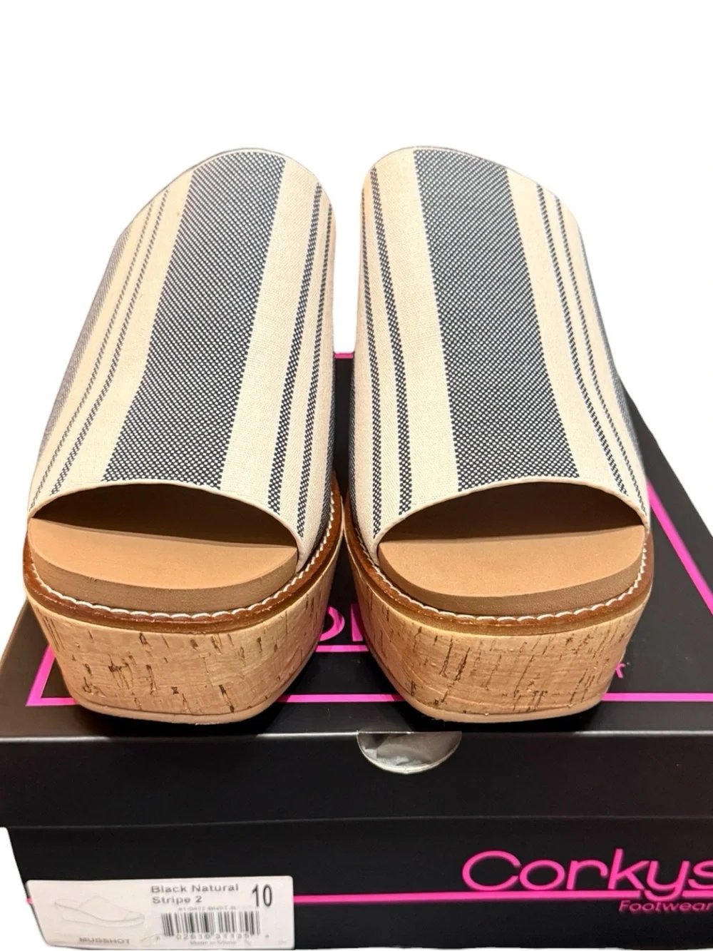 Corkys Mug Shot Platform Wedge Sandals Black Natural Stripe 2 Size 10